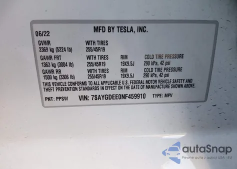 2022 Tesla Model Y Long Range Dual Motor All-Wheel Drive z USA, uszkodzony, nr VIN 7SAYGDEE0NF459910